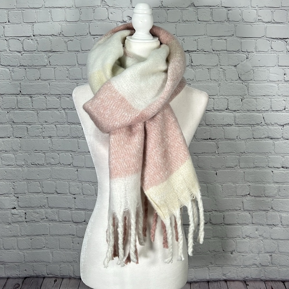 A New Day fuzzy light pink, white, and cream plaid scarf